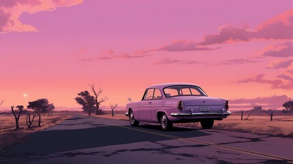 Fototapeta na wymiar retro classic car and sunset