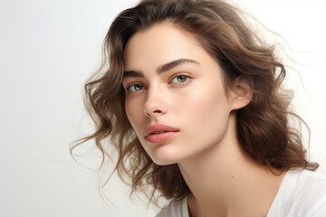Naklejka premium Beautiful young woman posing for the camera on a light background. Beauty, skin care, perfume concept
