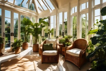 Fototapeta premium A garden room with French doors, wrought-iron furniture