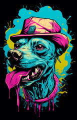 Colorful illustration poster for a Cute Dog in blue , yellow, shiny colors 
