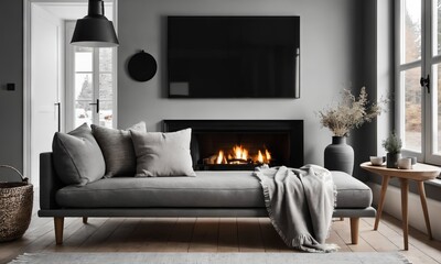 Rustic scandinavian home interior design of modern living room.