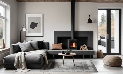 Rustic scandinavian home interior design of modern living room.