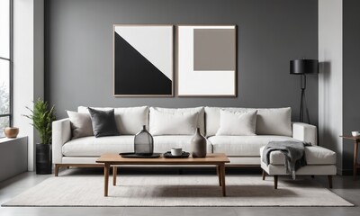 Fototapeta na wymiar Wooden square coffee table near white sofa in room with grey wall with art poster.
