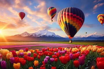 Colorful Hot Air Balloons Over Beautiful Flower Landscape