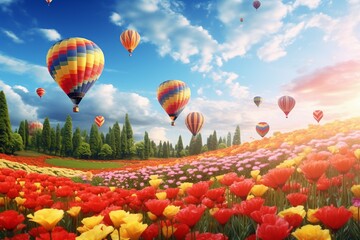 Colorful Hot Air Balloons Over Beautiful Flower Landscape