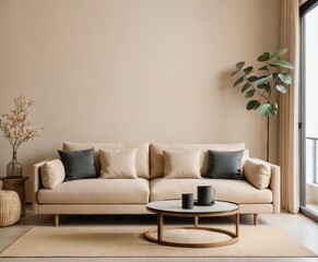 living room interior with cozy beige couch