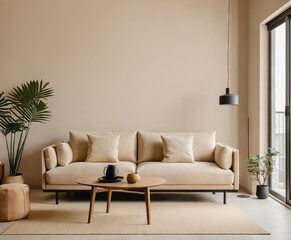 living room interior with cozy beige couch
