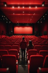 Fototapeta premium Cinema auditorium with red seats and projector screen. Back view of unrecognizable people sitting in cinema hall.