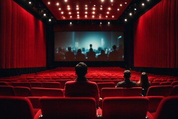 Cinema auditorium with red seats and projector screen. Back view of unrecognizable people sitting in cinema hall.