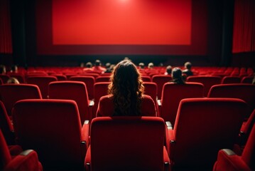 Cinema auditorium with red seats and projector screen. Back view of unrecognizable people sitting in cinema hall. - obrazy, fototapety, plakaty