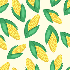 Corn harvest seamless pattern in flat cartoon style. Repeat background isolated, background color can be changed
