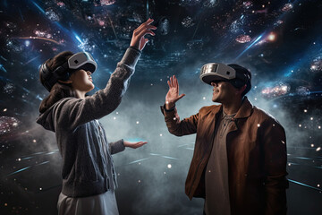Two people with the VR phones looking at each other in front of stars in space.