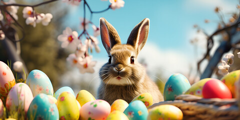 fluffy white bunny basks in garden in the spirit Easter, surrounded by a collection of beautifully decorated eggs, vibrant Easter eggs, adorned with intricate patterns and pastel hues , generative AI