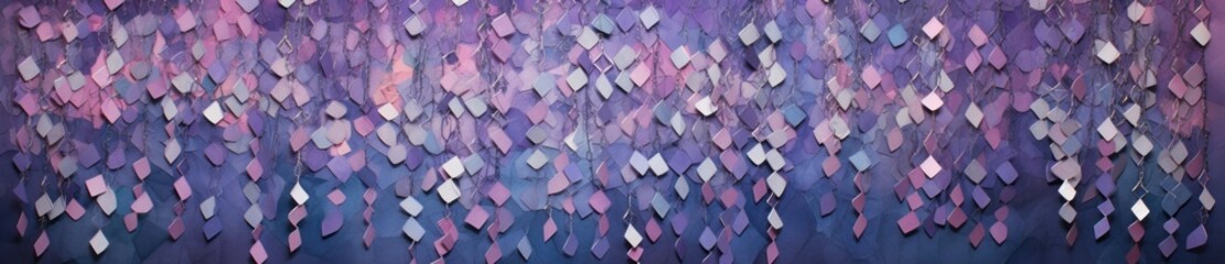 a wall with purple and blue paper cutouts