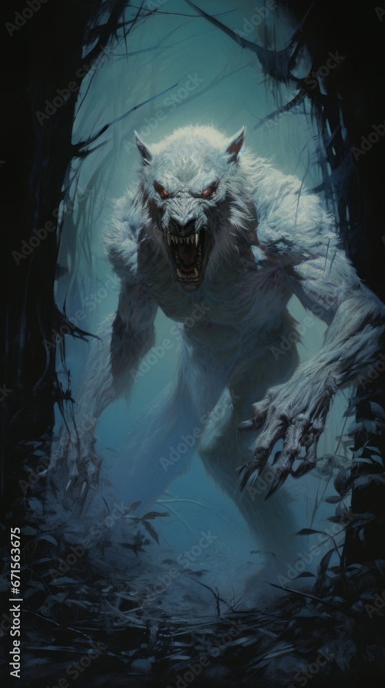 Poster a white werewolf in a dark forest