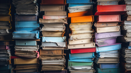 stack of old books and document files and archives - obrazy, fototapety, plakaty