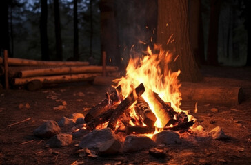 Bonfire in the tourist camp, water is heated in a metal mug. Beautiful summer evening, live fire warms tourists and helps to cook food.
