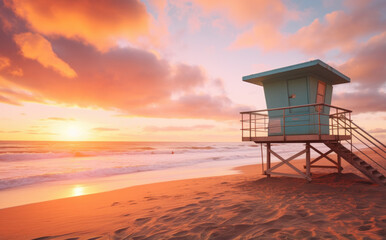 lifeguard tower on beach at sunset in summer