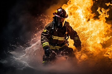 Firefighter Battling Flames with Water and Extinguisher