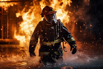 Fototapeta premium Firefighter Battling Flames with Water and Extinguisher