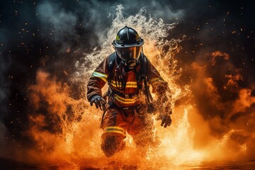 Fototapeta premium Firefighter Battling Flames with Water and Extinguisher
