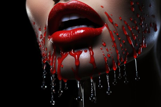 Beautiful vampire girl, fangs, blood, bite, hunger. Halloween, masquerade, nightmare, horror, festival of vampires and Dracula monsters, fear and danger from evil