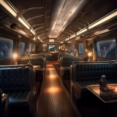 inside a train with seats and a table