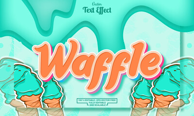Waffle editable text effect on melting background with mint ice cream hand drawn pattern