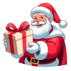Santa Claus cartoon, smiling and holding a big package of cream gifts.white background