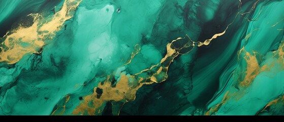 Exquisite Original Abstract Art in Gold, Green, and Black Marble Ink