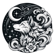 Mystical Wolf and Crescent Moon Tattoo Design Illustration