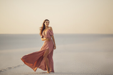 Travel and joy of Desert Beauty. Romantic fashionable woman model in the desert in evening pink dress. Gorgeous slim girl outdoors. High quality photo