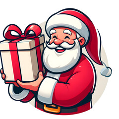 Santa Claus , smiling and holding a big red gift package. The character wears a typical Santa Claus costume, with a red cape and white hat.