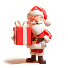 Santa Claus in 3d, smiling and holding a big red gift package. The character wears a typical Santa Claus costume