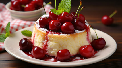 
Cottage cheese pudding cake with cherries.