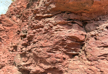 Ore rock Stone background, rock texture. Wall stone Ore background. Rock with cracks and layers. Rough rocky texture of mountains. Mining and geology. Texture of ore rock wall.