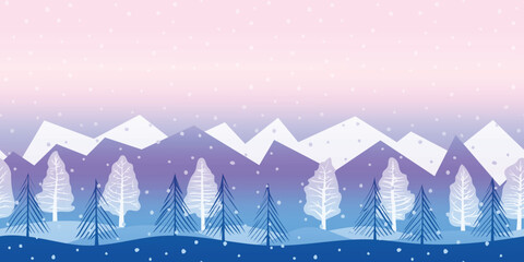 Winter landscape, snowy mountains and forest, snowfall, seamless border