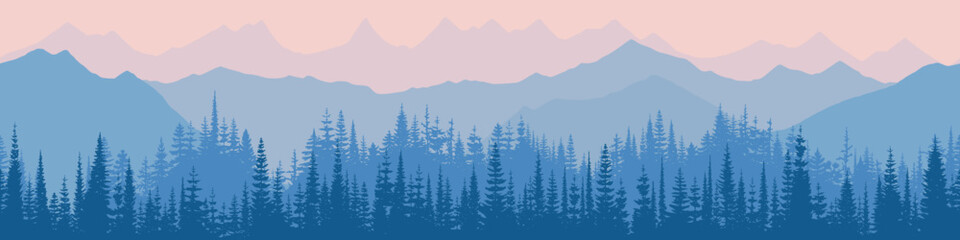 Sunrise in the mountains, seamless border, panoramic view, vector illustration	