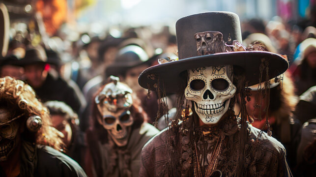 Skeleton-costumed crowd celebrating Mexico's Día de Los Muertos.