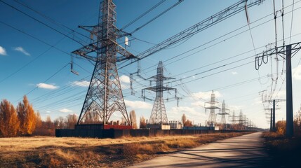 High Voltage Towers Traversing Landscape Represent Engineering Might Supporting Modern Electric Grid