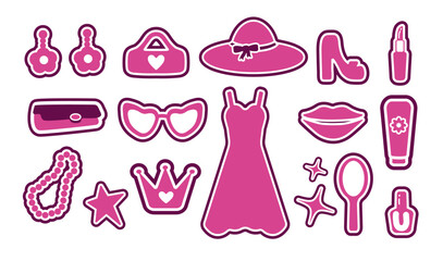 Popular pink collection for girls. heart, hat, shoe, star, dress, glass. logo, sticker, individual elements on a white background. for print, banners, cards. vector art illustration. barbie
