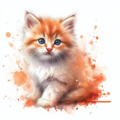 Naklejka na ściany i meble A digital illustration of a kitten with orange fur and blue eyes, sitting on a white background with splashes of orange and red watercolor