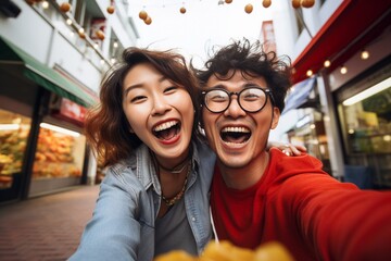 Fototapeta premium Happy Middle Asian Couple on Food Street