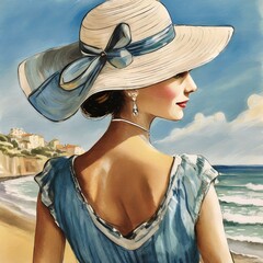 Gemälde einer Frau im Profil mit blauem Kleid und Sonnenhut an der französischen Riviera in den 50er Jahren.