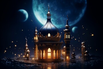 Ramadan Kareem Mosque and Crescent Moon - obrazy, fototapety, plakaty