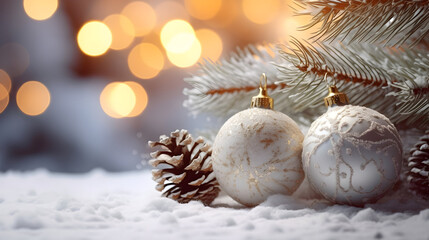 Fototapeta na wymiar Silver Christmas balls with pine cones, spruce and fir branches on snow covered surface inside a winter forest and golden backlight in the background.