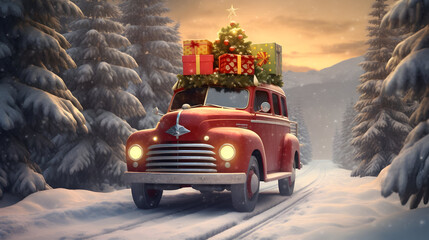 Christmas decorated car carrying gifts in a winter forest covered with snow in sunset backlight. - obrazy, fototapety, plakaty