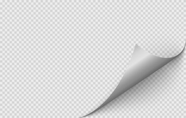 Realistic curls of the corners of a paper page on a transparent background with shadow, curled corners of a sheet of paper. The edges of vector stickers are bent. Corners of paper pages.