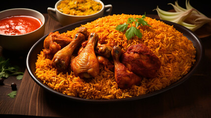 Jollof rice is a popular dish eaten in West African. - obrazy, fototapety, plakaty
