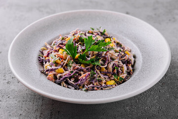 Fresh red cabbage salad with corn